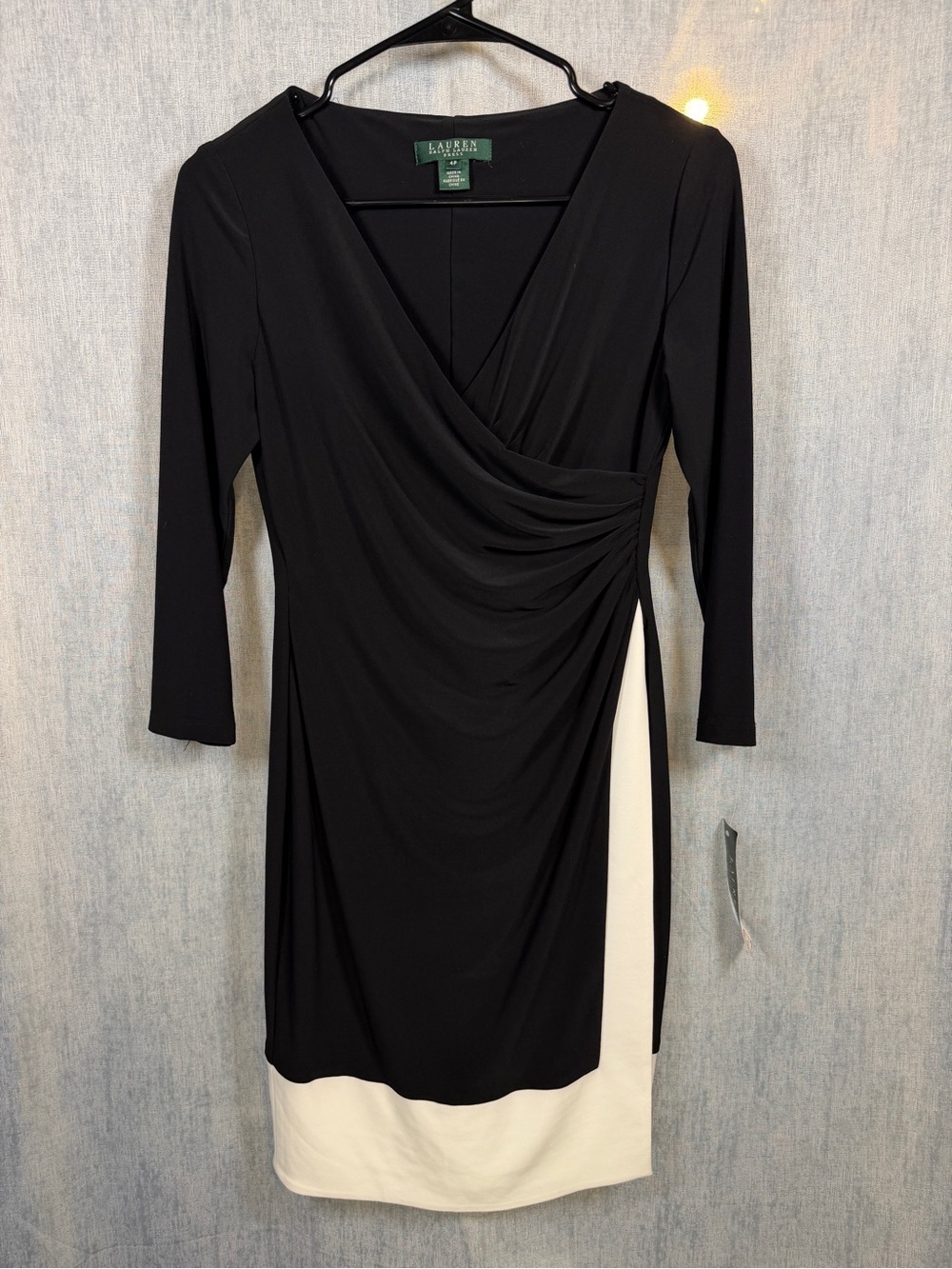 NWT Lauren by Ralph Lauren Black & White Long-Sleeve Faux-Wrap Sheath Dress 4 P